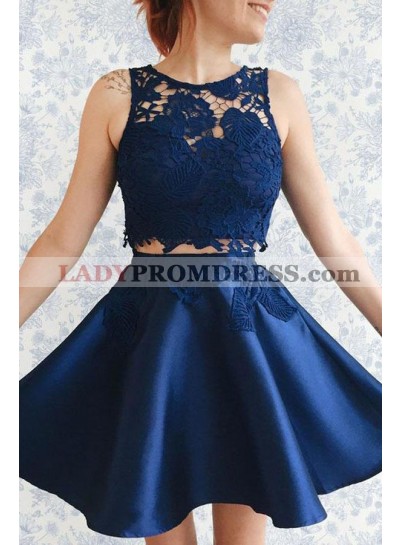 Navy Blue Satin Two Pieces Short Prom Dresses