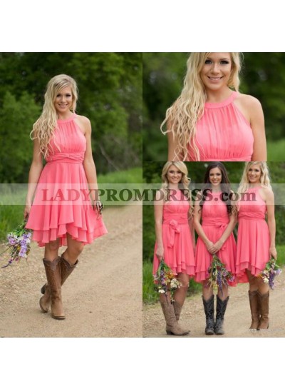 2023 Cheap A Line Short Water Melon Chiffon High Neck Bridesmaid Dresses / Gowns
