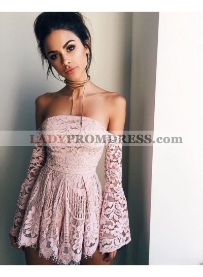 A-Line Off-the-Shoulder Long Sleeves Short Blush Lace Cocktail Homecoming Dress 2022