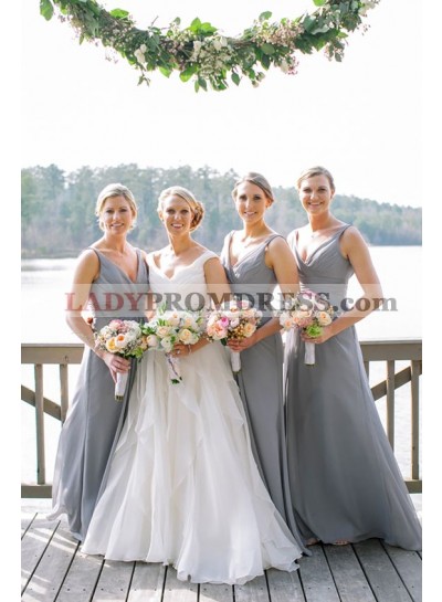 2023 Cheap A Line Chiffon Silver Long V Neck Bridesmaid Dresses / Gowns