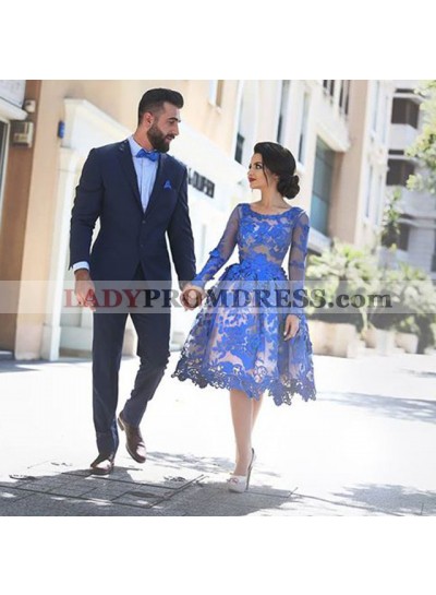 Princess/A-Line Round Knee-Length Long Sleeves Royal Blue Homecoming/Prom Dresses 