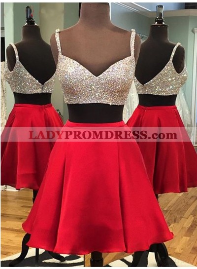 Two Piece Spaghetti Straps Above-Knee Red Homecoming Dress with Sequins Beading