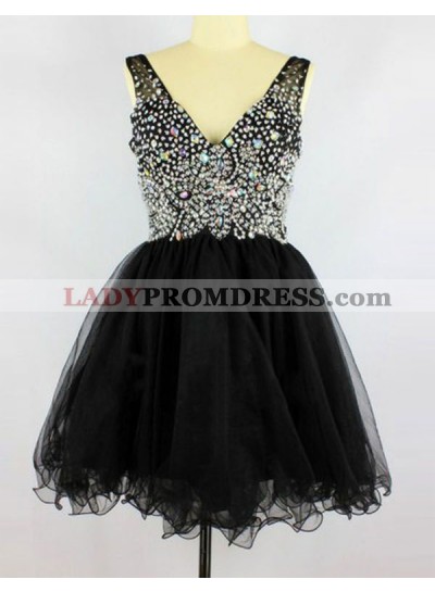 A-Line Deep V-Neck Sleeveless Short Black Beading Homecoming Dress