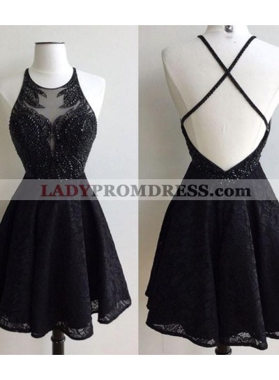 A-Line Jewel Backless Short Black Lace Homecoming Dress 2023 with Beading