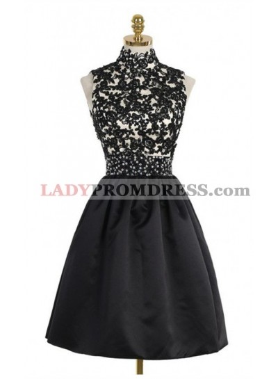 A-Line High Neck Open Back Above-Knee Black Homecoming Dress 2023 with Lace Sequins