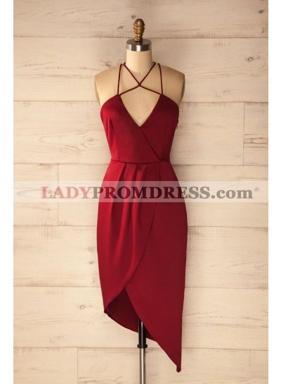 Sheath Halter Asymmetrical Dark Red Satin Homecoming Dress