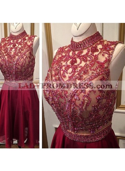 A-Line High Neck Burgundy Chiffon Short Homecoming Dress 2023 with Beading Sequins