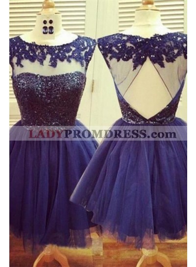 A-Line Jewel Open Back Navy Blue Tulle Short Homecoming Dress 2023 with Lace Beading