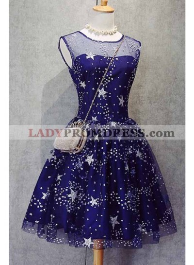 A-Line Scoop Royal Blue Tulle Short Homecoming Dress 2023 with Appliques