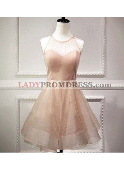 A-Line Jewel Pearl Pink Organza Bowknot Short Homecoming Dress 2023 with Open Back