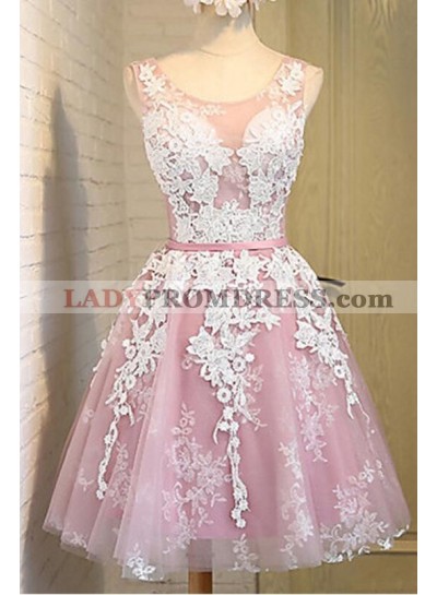 A-Line Scoop Lace-Up Pink Tulle Short Homecoming Dress 2023 with Lace