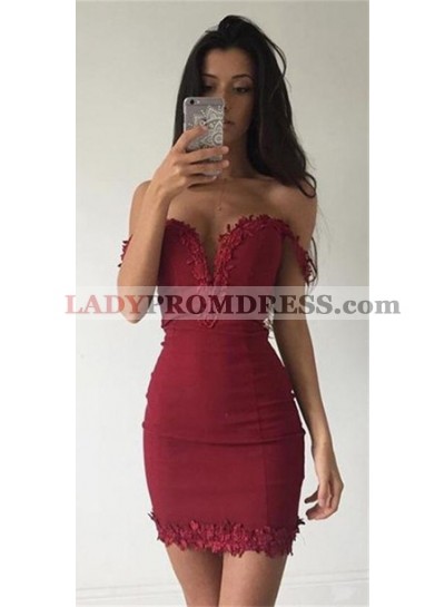 Sheath Off-the-Shoulder Short Red Stretch Satin Homecoming Dress 2023 with Appliques