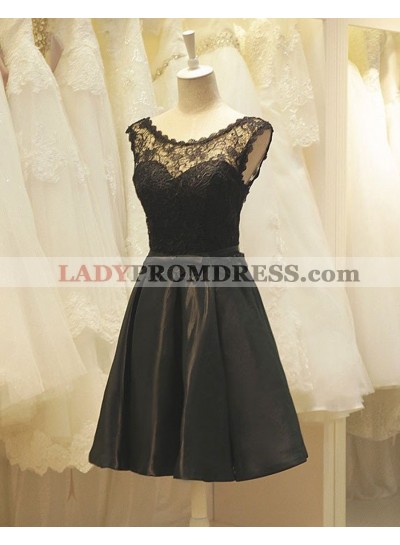 A-Line Crew Neck Black Satin Homecoming Dress 2023 with Lace