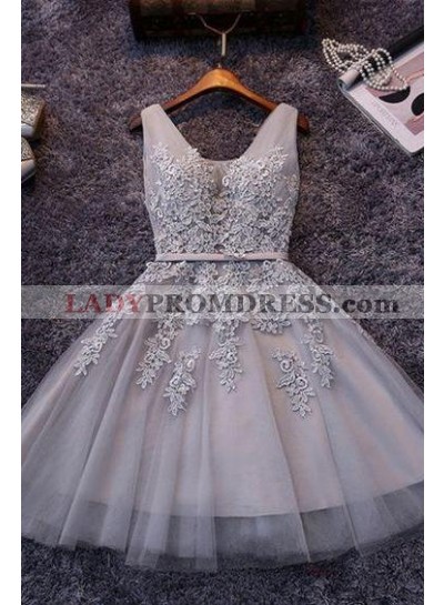 Princess/A-Line V-Neck Appliques Gray Tulle Homecoming/Prom Dresses
