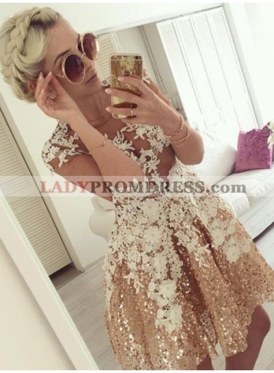 A-Line Jewel Half Sleeves Champagne Appliques Homecoming Dress 2023