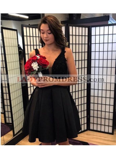 A-Line V-Neck Black Homecoming Dress 2023 with Lace