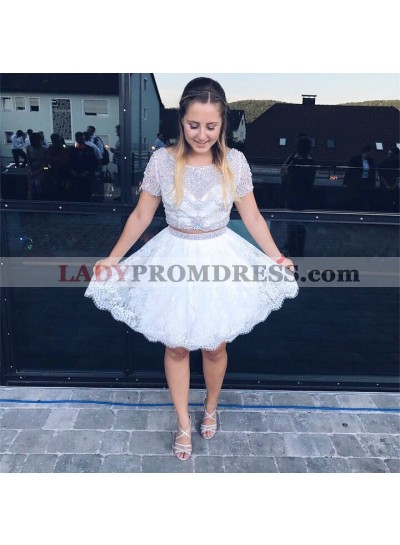Two Piece Round Neck White Homecoming Dress 2023 with Beading Lace