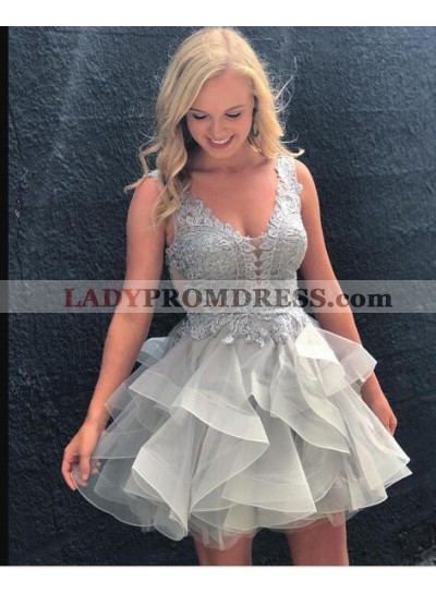 A-Line Scoop Backless Appliques Gray Organza Homecoming Dress 2023