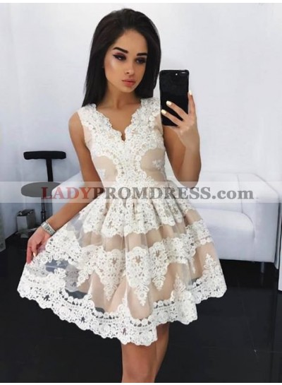 A-Line V-Neck Appliques White Homecoming Dress 2023