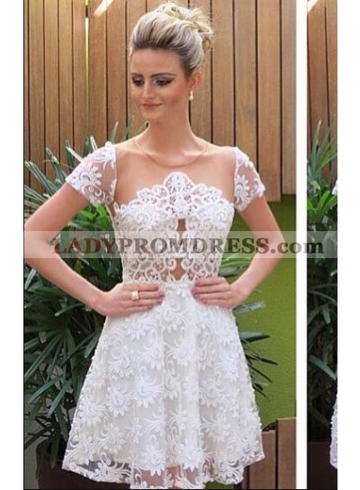 A-Line Jewel Short Sleeves White Lace Homecoming Dress 2023 with Illusion Back
