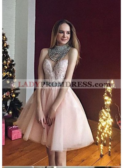 A-Line High Neck Knee-Length Light Pink Tulle Homecoming Dress 2023 with Beading