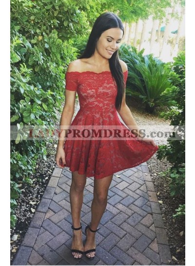 A-Line Off-the-Shoulder Short Sleeves Short Red Lace Homecoming Dress 2023