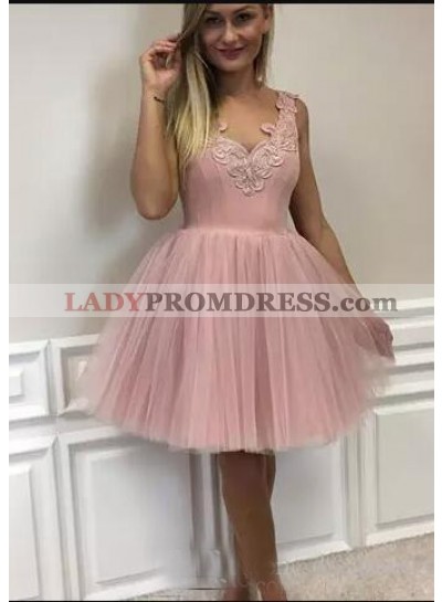 A-Line V-Neck Short Blush Tulle Homecoming Dress 2023 with Appliques
