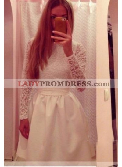 A-Line High Neck Long Sleeves White Homecoming Dress 2023 with Sashes