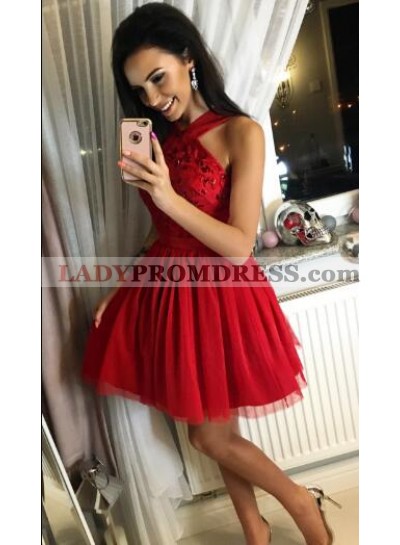A-Line Cross Neck Short Red Tulle Homecoming Dress 2023 with Beading