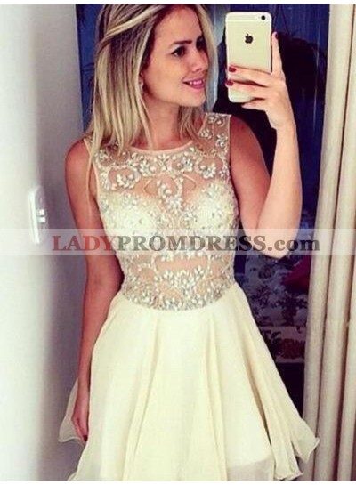 A-Line Round Neck Short Ivory Chiffon Homecoming Dress 2023 with Beading