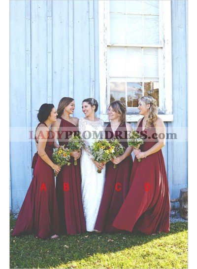 2023 Cheap A Line Chiffon Burgundy Long Bridesmaid Dresses / Gowns
