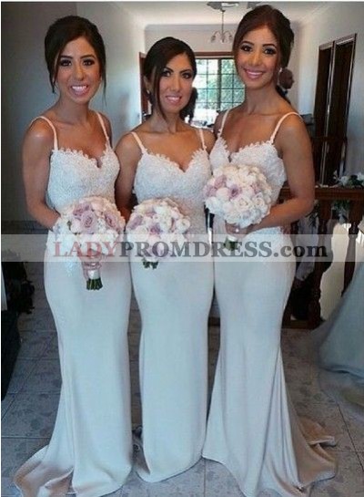2023 New Arrival Mermaid Satin Silver Sweetheart Spaghetti straps Lace Bridesmaid Dresses / Gowns