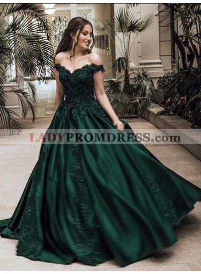 2023 Classic Satin Dark Green Off Shoulder Sweetheart Ball Gown Prom Dress