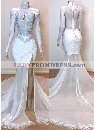 2023 White Long Sleeve High Neck Lace and Tulle Side Slit Mermaid Prom Dresses
