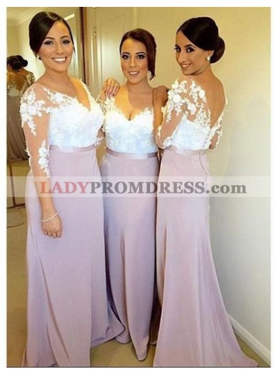 2023 Newly Sheath Lilac Lace Long Sleeves Long Bridesmaid Dresses