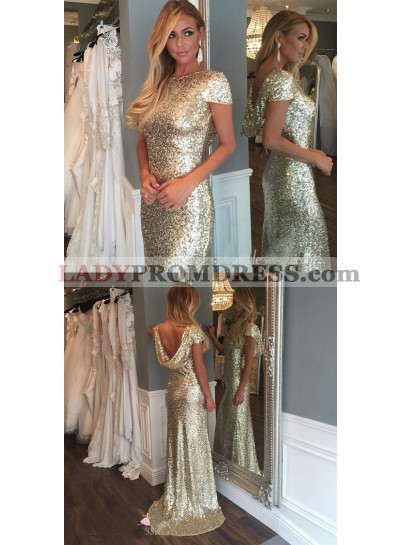2023 New Arrival Gold Sequins With Capped Sleeves Long Bridesmaid Dresses / Gowns