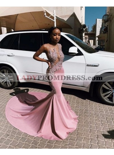 Mermaid Pink Satin Sleeveless Long Prom Dresses