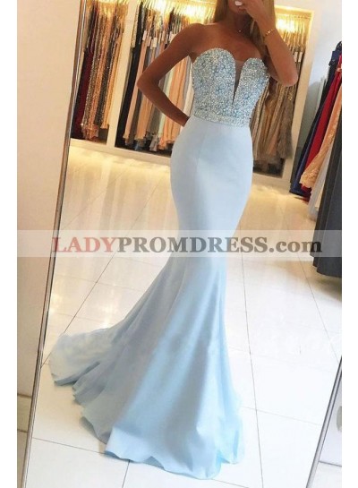 2023 Sexy Light Sky Blue Mermaid/Trumpet Sweetheart Beaded Satin Prom Dresses