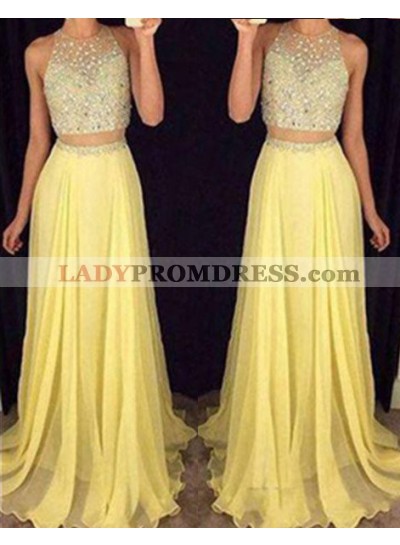 Floor-Length/Long Beading A-Line/Princess Two Pieces Chiffon Yellow  Prom Dresses