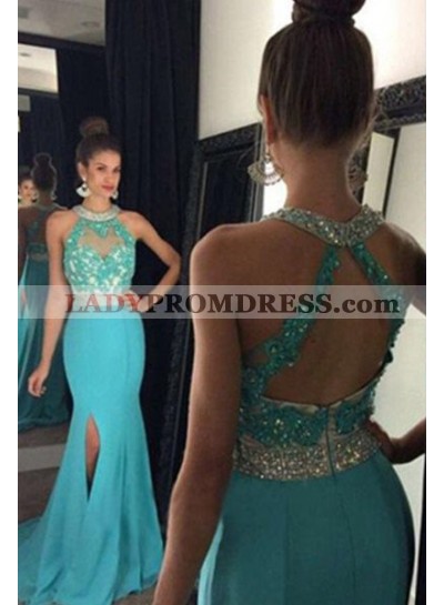 LadyPromDress 2023 Blue Floor-Length/Long Mermaid/Trumpet Lace Split Front Chiffon Prom Dresses