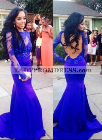 Royal Blue Mermaid/Trumpet  Long Sleeve Backless Satin Prom Dresses