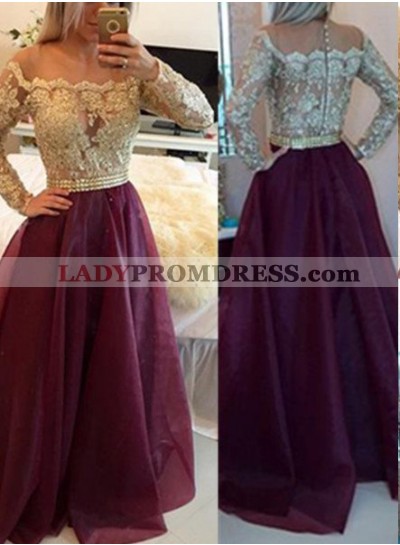Burgundy Floor-Length/Long A-Line/Princess Off-the-Shoulder Long Sleeve Prom Dresses