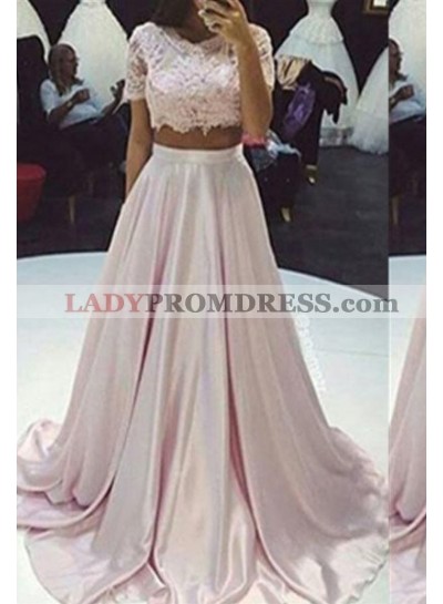 Floor-Length/Long A-Line/Princess Lace Two Pieces Taffeta 2023 Glamorous Pink Prom Dresses