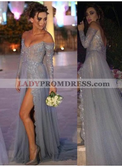 Floor-Length/Long A-Line/Princess Beading Off-the-Shoulder Chiffon Silver Prom Dresses
