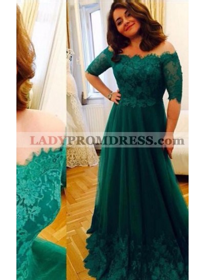 Green Off-the-Shoulder Half Sleeves Lace A-Line/Princess Tulle Prom Dresses