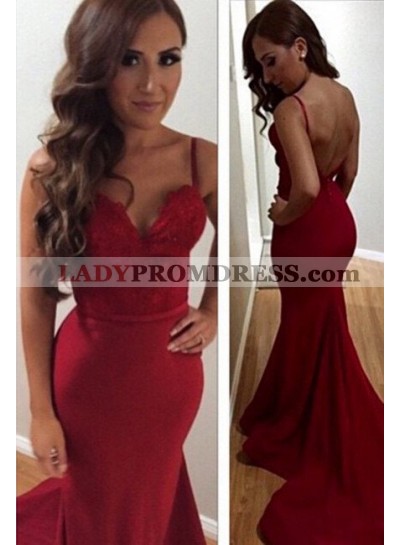 2023 Gorgeous Red Spaghetti Straps Backless Sweep Train Mermaid/Trumpet Chiffon Prom Dresses