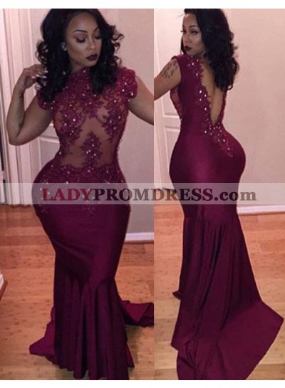 Burgundy Long Sleeves Beading Backless Sweep Train Mermaid/Trumpet Prom Dresses