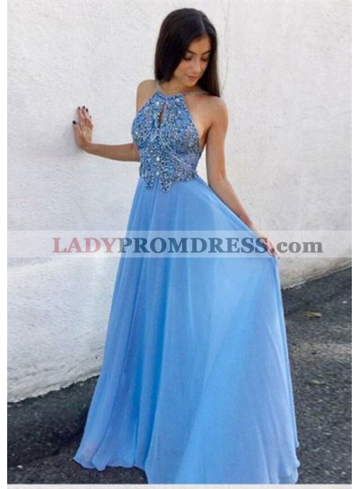 2023 Elegant Princess/A-Line Halter Backless Blue Chiffon Prom Dresses