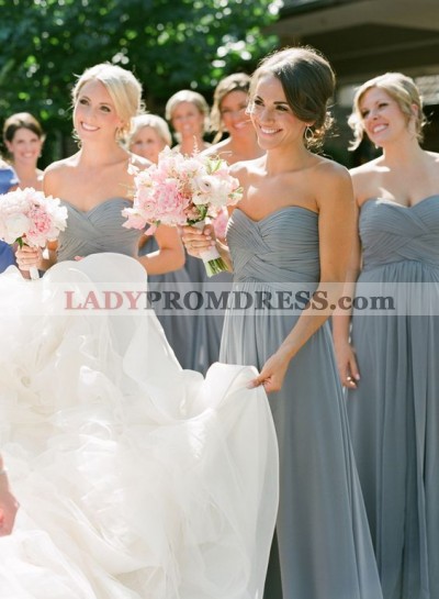 2023 Cheap Silver A Line Ruffles Chiffon Strapless Long Bridesmaid Dresses / Gowns