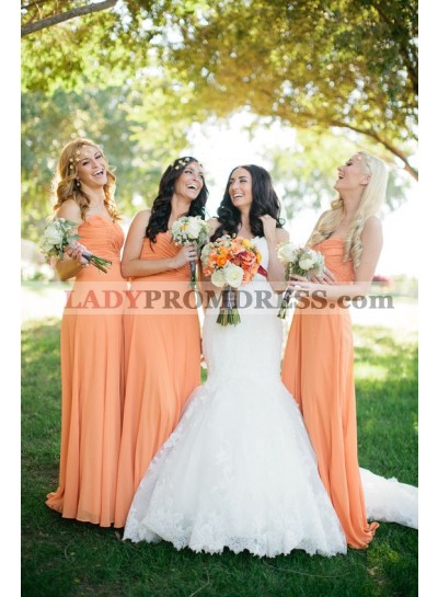 2023 Cheap A Line Chiffon Orange Strapless Ruffles Long Bridesmaid Dresses / Gowns